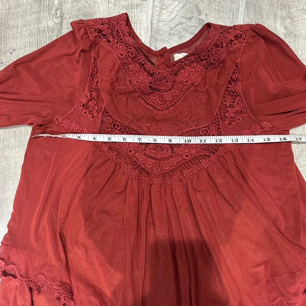 Altar'd State Rust Red Lace Boho Bell Sleeve‎ Babydoll Blouse Top XS